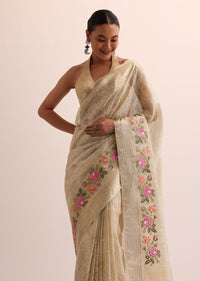 Beige Gold Chanderi Silk Saree With Thread Work And Unstitched Blouse