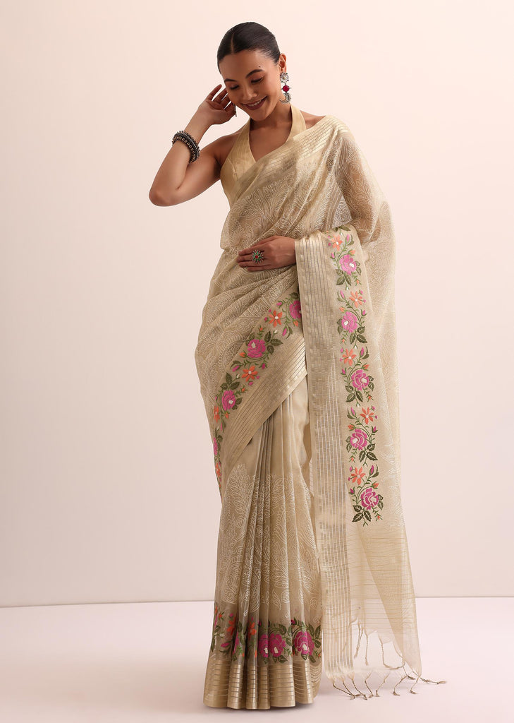 Beige Gold Chanderi Silk Saree With Thread Work And Unstitched Blouse