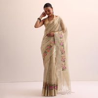 Beige Gold Chanderi Silk Saree With Thread Work And Unstitched Blouse