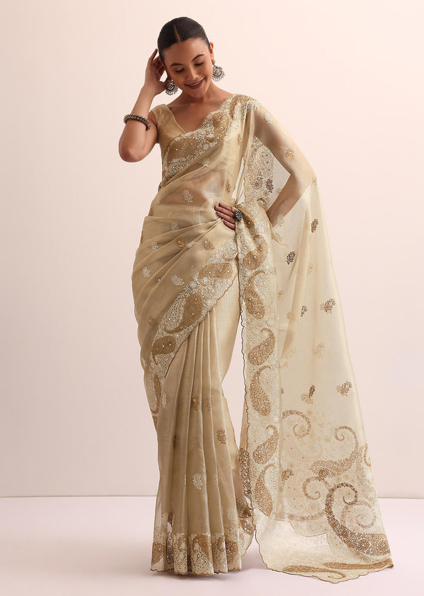 Beige Chanderi Silk Saree With Thread Work And Unstitched Blouse