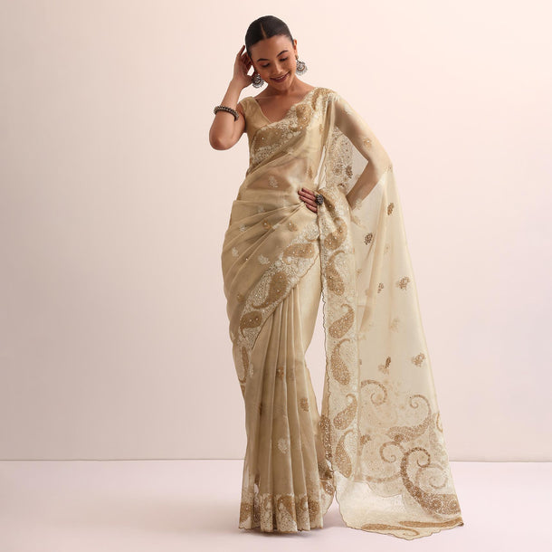 Beige Chanderi Silk Saree With Thread Work And Unstitched Blouse