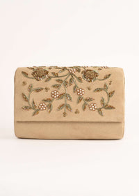 Beige Clutch In Suede With Zardosi Embroidered Floral Motifs Online - Kalki Fashion