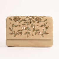 Beige Clutch In Suede With Zardosi Embroidered Floral Motifs Online - Kalki Fashion