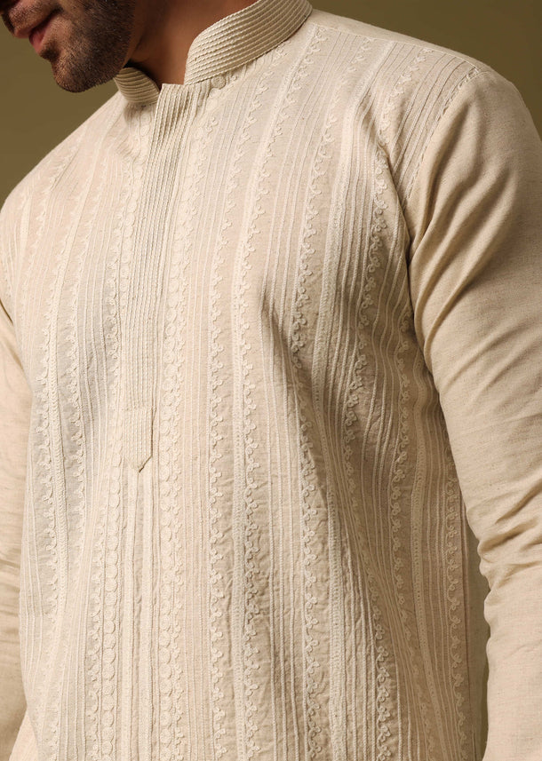 Beige Cotton Kurta Set With Resham Work For Men