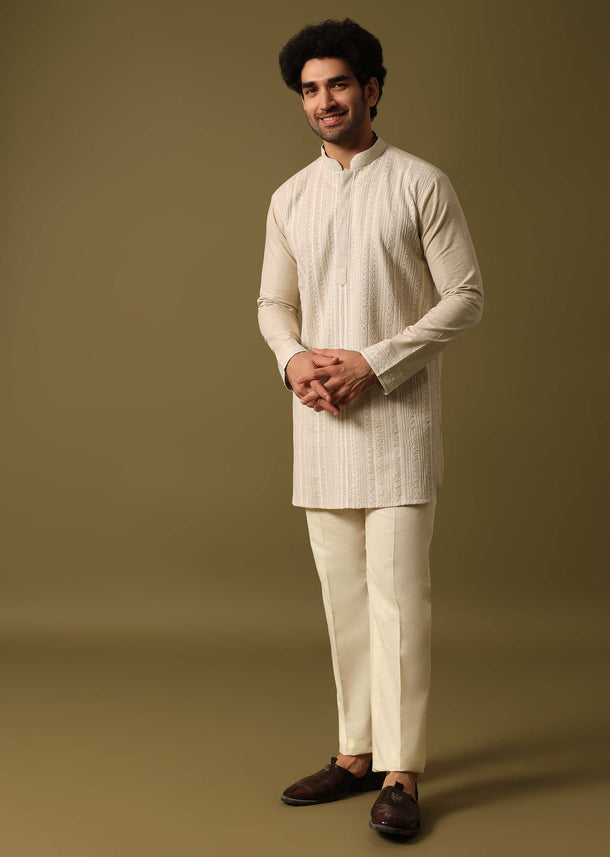 Beige Cotton Kurta Set With Resham Work For Men