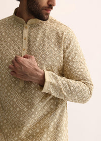 Beige Cotton Silk Embroidered Kurta Set For Men