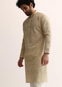 Beige Cotton Silk Embroidered Kurta Set For Men