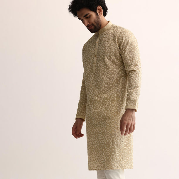 Beige Cotton Silk Embroidered Kurta Set For Men