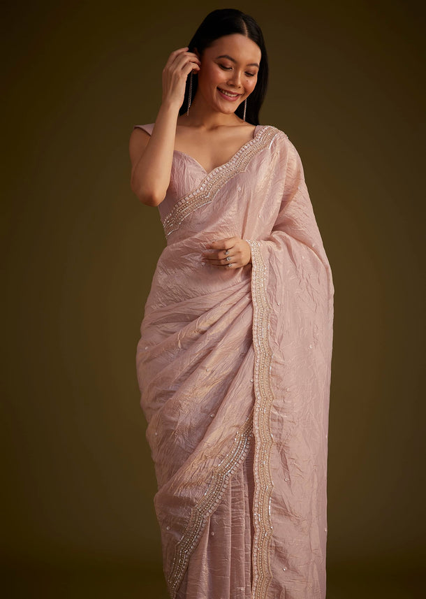 Beige Crushed Tissue Saree With Embroidered Border