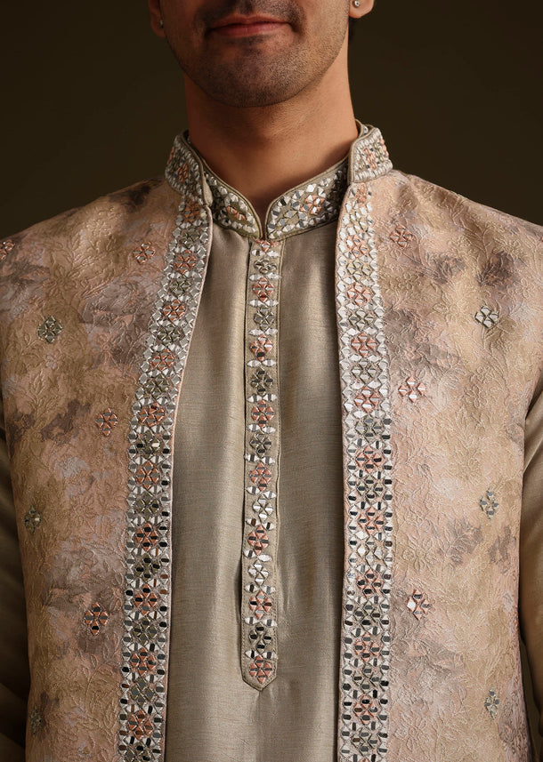 Beige Dola Silk Kurta Set With Mirror Work