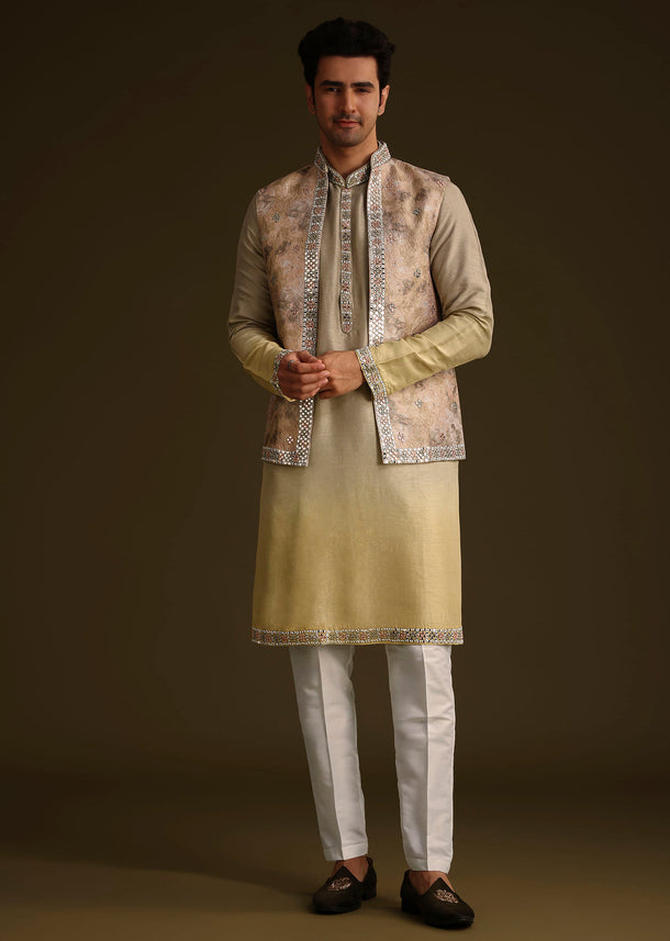 Beige Dola Silk Kurta Set With Mirror Work