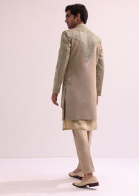 Beige Double Layered Raw Silk Sherwani And Kurta Set