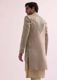 Beige Double Layered Raw Silk Sherwani And Kurta Set