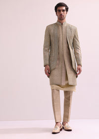 Beige Double Layered Raw Silk Sherwani And Kurta Set