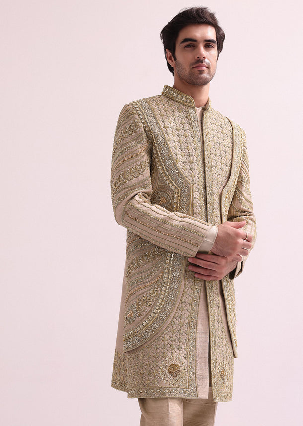 Beige Double Layered Round Cut Sherwani And Kurta Set