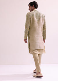 Beige Double Layered Straight Cut Silk Sherwani And Kurta Set