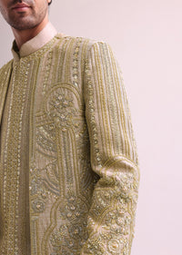 Beige Double Layered Straight Cut Silk Sherwani And Kurta Set