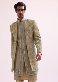 Beige Double Layered Straight Cut Silk Sherwani And Kurta Set