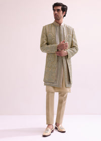 Beige Double Layered Straight Cut Silk Sherwani And Kurta Set