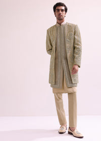 Beige Double Layered Straight Cut Silk Sherwani And Kurta Set