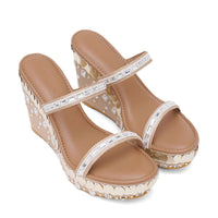 Beige Double Strap Rhinestone Wedges With Pearl Bead Embroidery