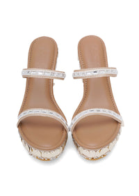Beige Double Strap Rhinestone Wedges With Pearl Bead Embroidery