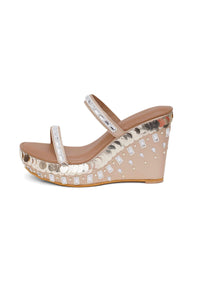 Beige Double Strap Rhinestone Wedges With Pearl Bead Embroidery