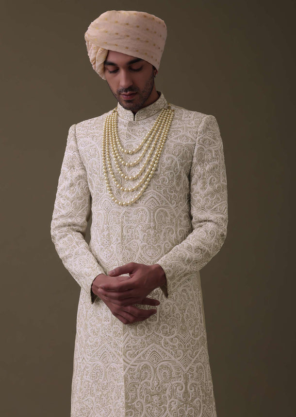 Beige Embroidered Sherwani Set In Linen With Resham And Threadwork