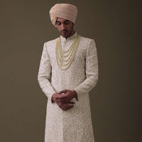 Beige Embroidered Sherwani Set In Linen With Resham And Threadwork