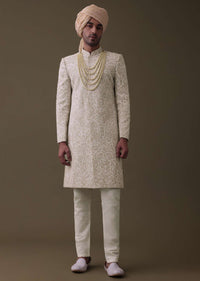 Beige Embroidered Sherwani Set In Linen With Resham And Threadwork