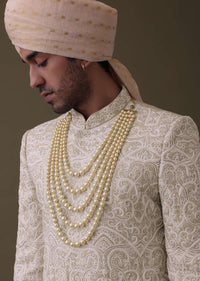 Beige Embroidered Sherwani Set In Linen With Resham And Threadwork