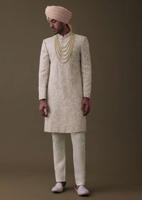 Beige Embroidered Sherwani Set In Linen With Resham And Threadwork