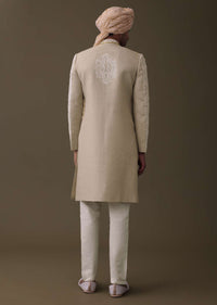 Beige Embroidered Sherwani Set In Linen With Resham And Threadwork