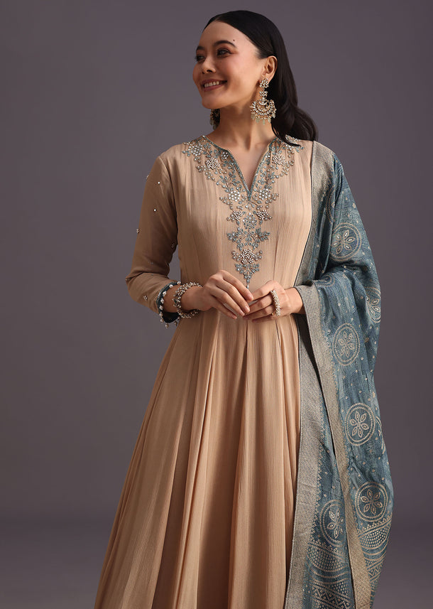 Beige Embroidered Anarkali With Banarasi Weave Dupatta