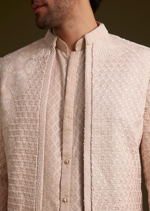 Beige Embroidered Bandhgala Sherwani Set