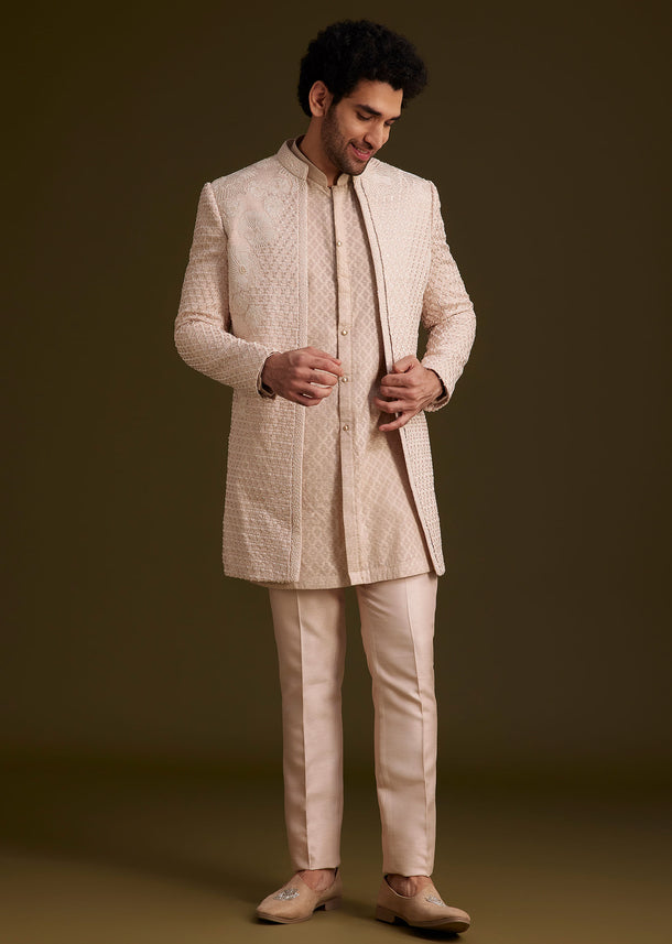 Beige Embroidered Bandhgala Sherwani Set