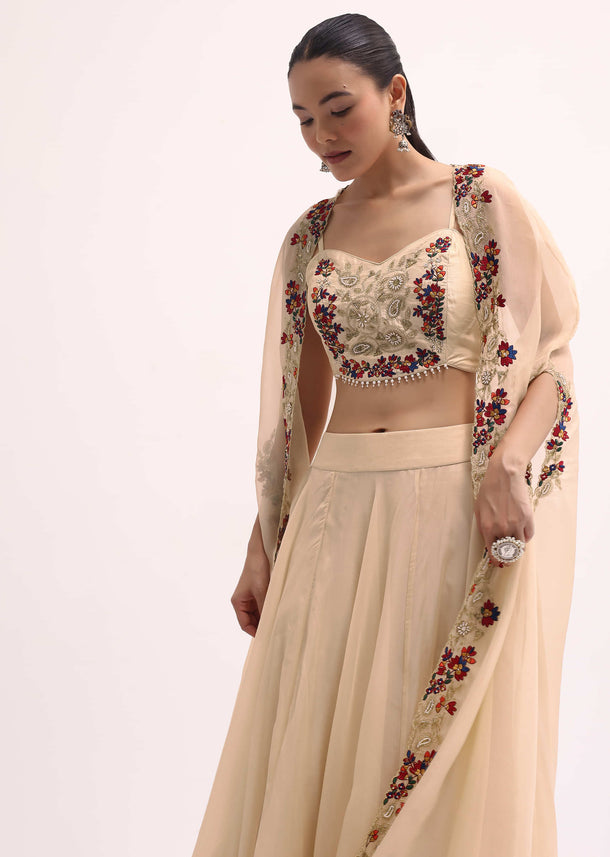 Beige Embroidered Crop Top And Skirt Set