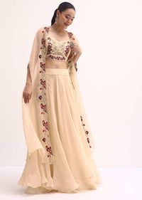 Beige Embroidered Crop Top And Skirt Set