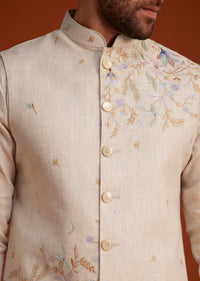 Beige Embroidered Kurta Jacket Set