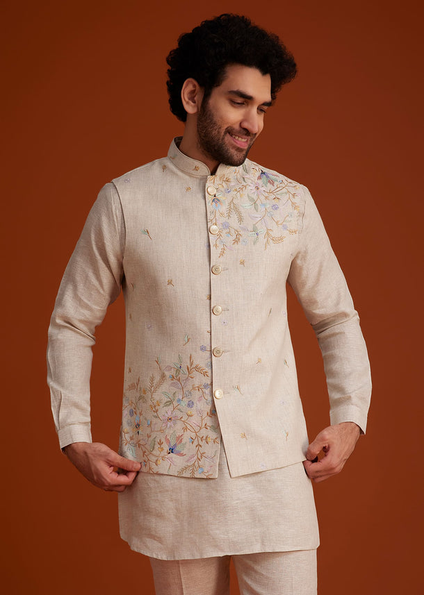 Beige Embroidered Kurta Jacket Set