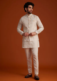 Beige Embroidered Kurta Jacket Set