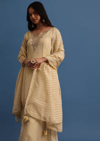 Beige Embroidered Kurta Palazzo With Dupatta