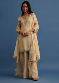 Beige Embroidered Kurta Palazzo With Dupatta