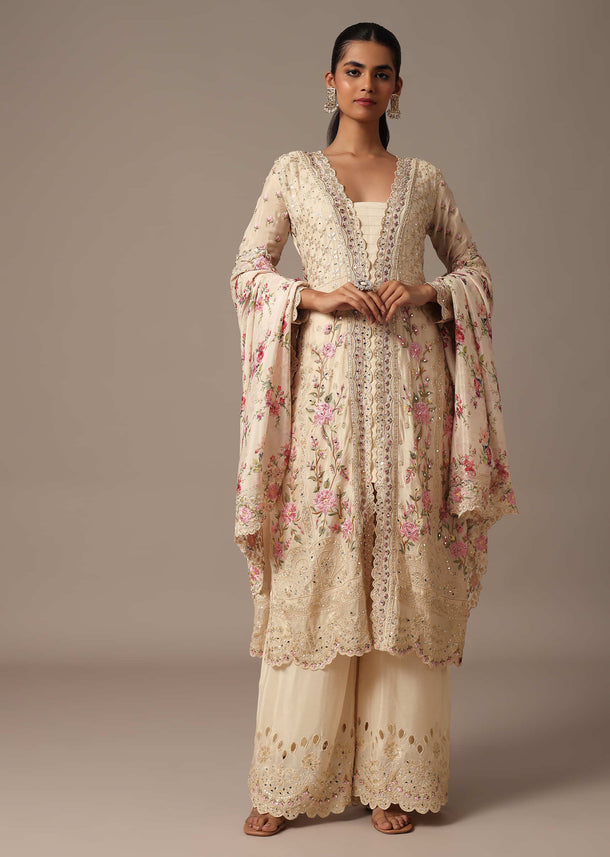 Beige Embroidered Kurta Palazzo Set With Floral Printed Dupatta