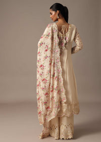 Beige Embroidered Kurta Palazzo Set With Floral Printed Dupatta