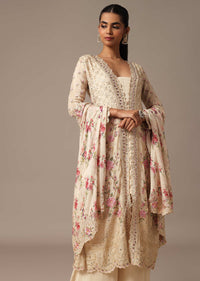 Beige Embroidered Kurta Palazzo Set With Floral Printed Dupatta