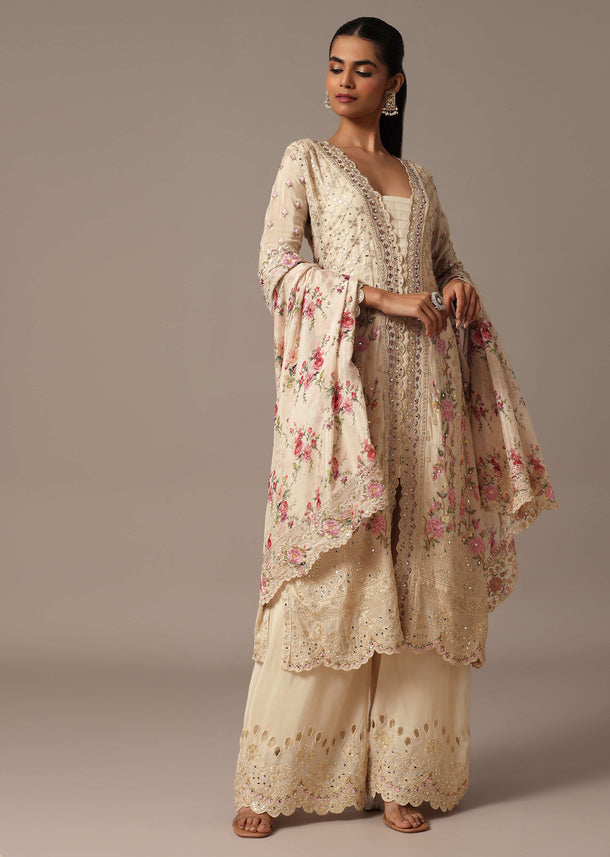 Beige Embroidered Kurta Palazzo Set With Floral Printed Dupatta