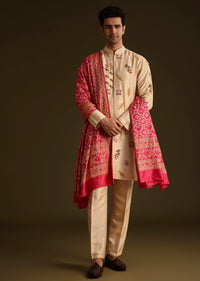 Beige Embroidered Kurta Set With Red Dupatta