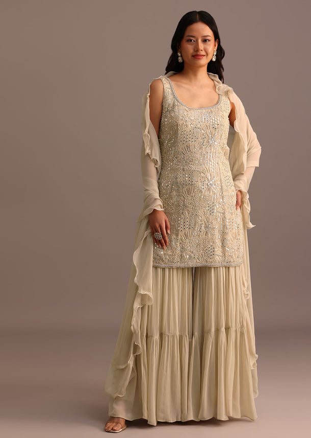 Beige Embroidered Sharara Set With Dupatta