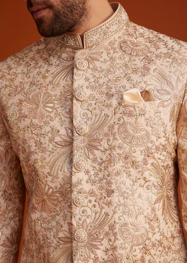 Beige Embroidered Sherwani With Detailed Motifs